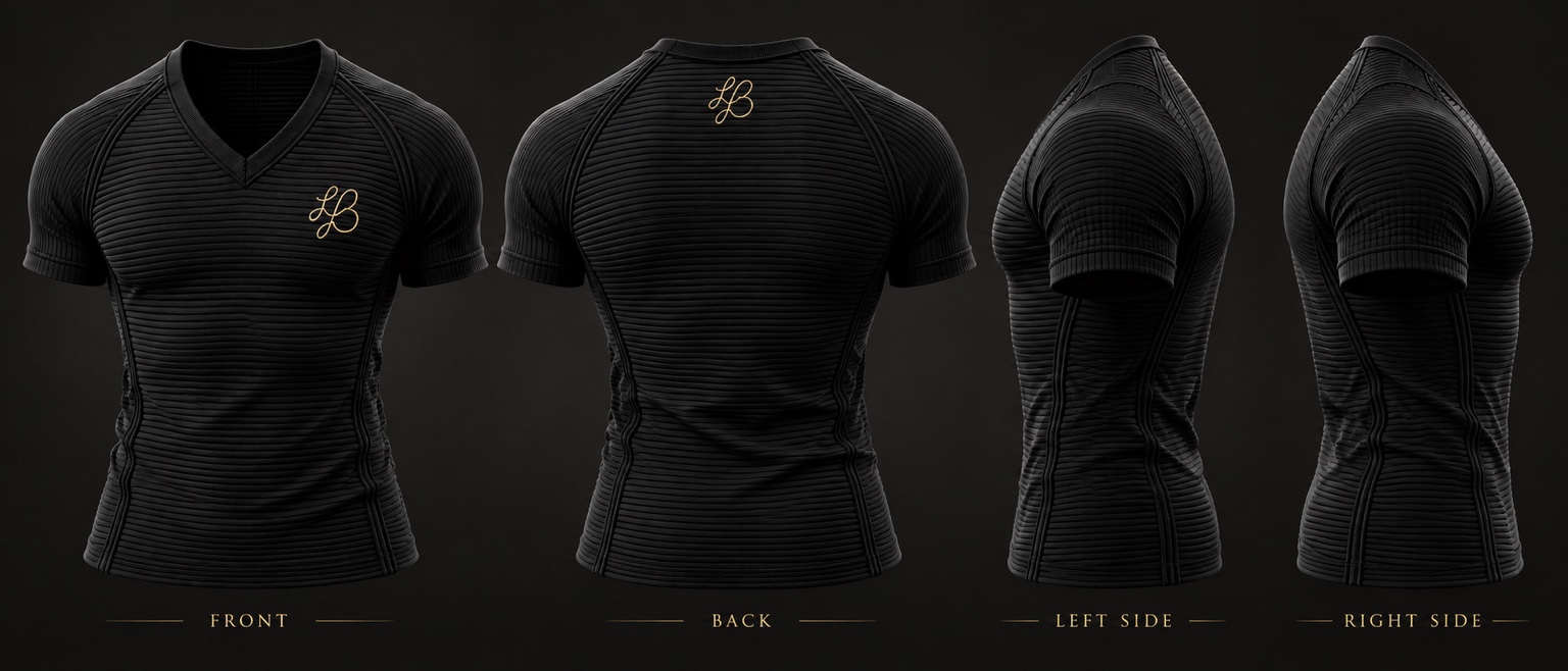 LB Contour V — Obsidian Black front, back, left-side, and right-side design reference