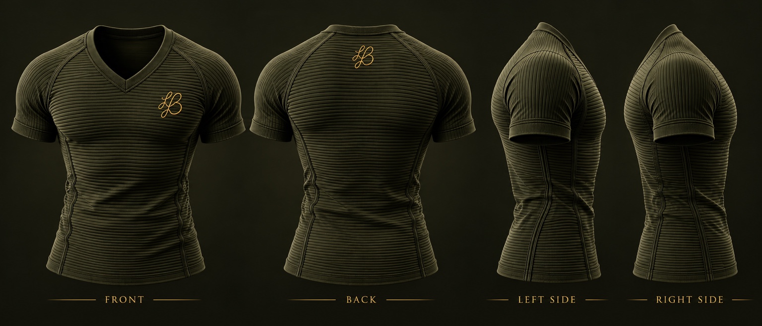 LB Contour V — Imperial Olive front, back, left-side, and right-side design reference