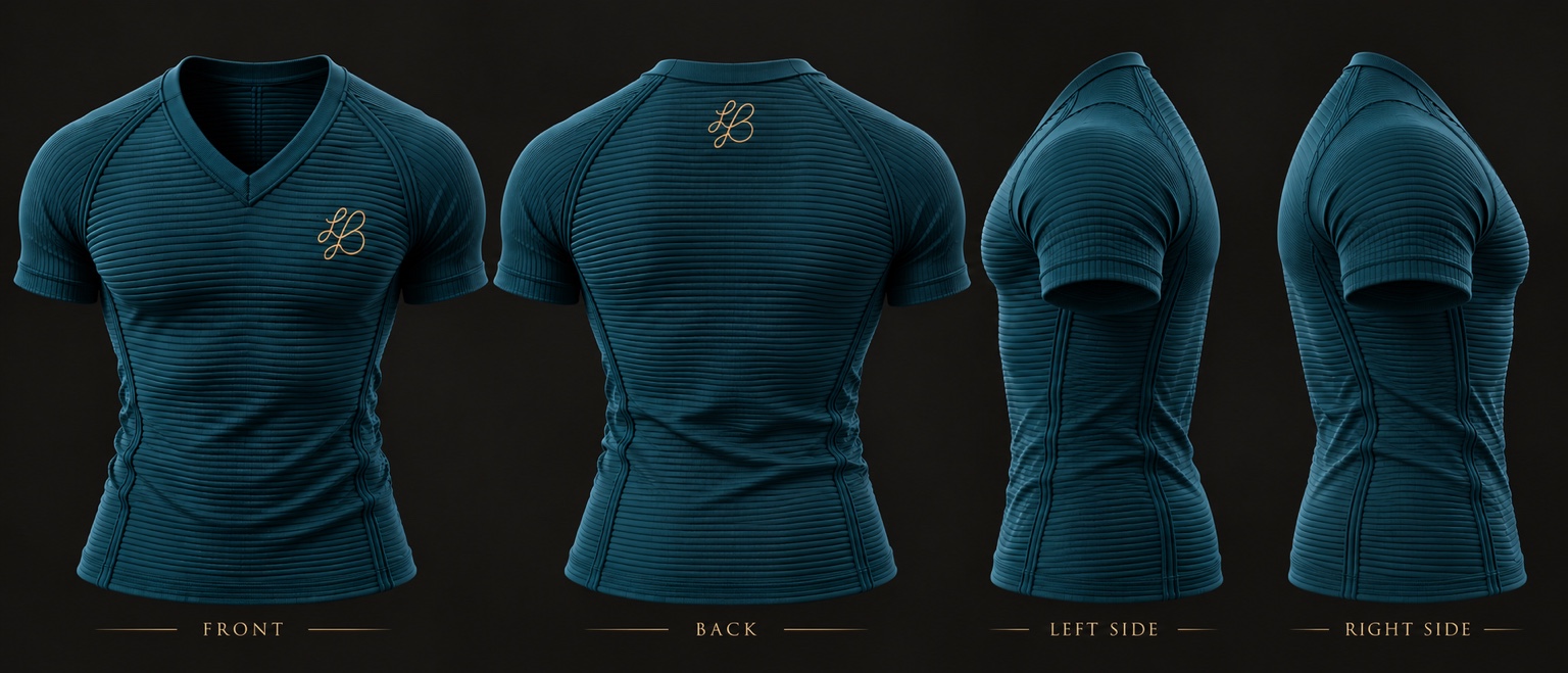 LB Contour V — STOIC TEAL front, back, left-side, and right-side design reference